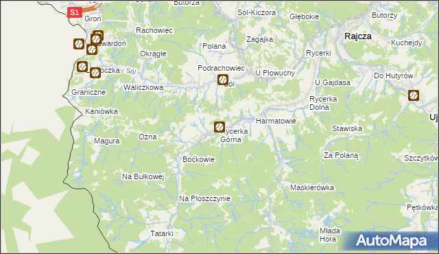 mapa Rycerka Górna, Rycerka Górna na mapie Targeo