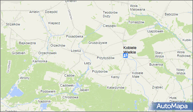 mapa Przybyszów gmina Kobiele Wielkie, Przybyszów gmina Kobiele Wielkie na mapie Targeo