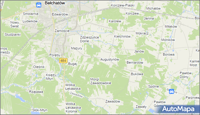 mapa Augustynów gmina Bełchatów, Augustynów gmina Bełchatów na mapie Targeo