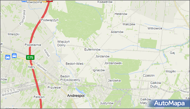 mapa Jordanów gmina Brzeziny, Jordanów gmina Brzeziny na mapie Targeo