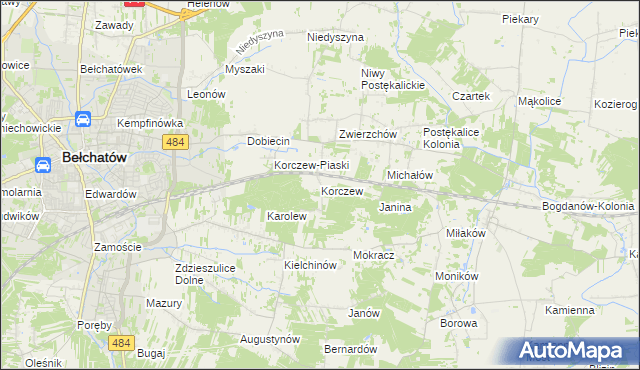mapa Korczew gmina Bełchatów, Korczew gmina Bełchatów na mapie Targeo