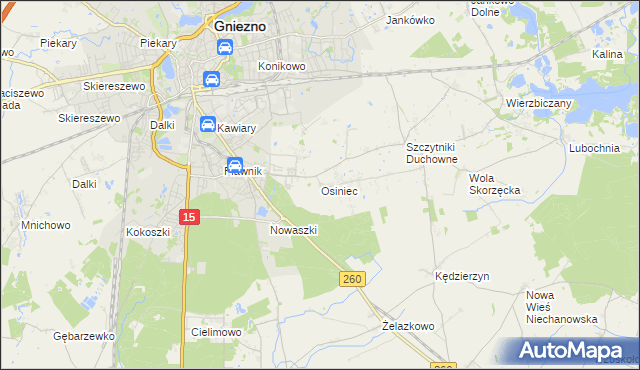 mapa Osiniec gmina Gniezno, Osiniec gmina Gniezno na mapie Targeo