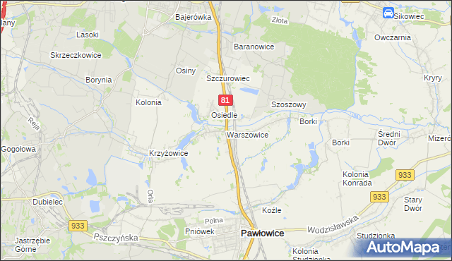 mapa Warszowice, Warszowice na mapie Targeo