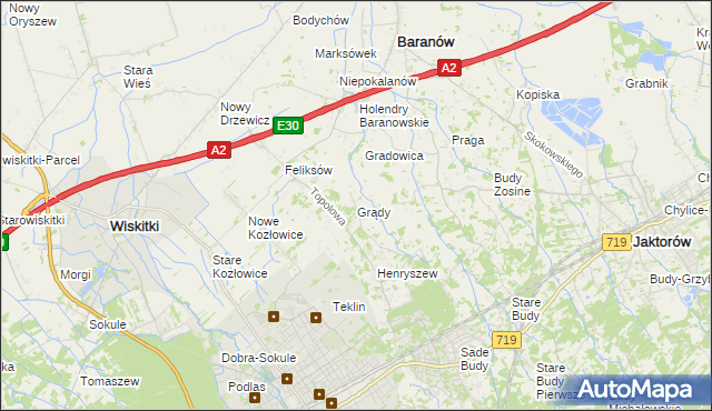 mapa Grądy gmina Jaktorów, Grądy gmina Jaktorów na mapie Targeo