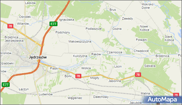 mapa Raków gmina Jędrzejów, Raków gmina Jędrzejów na mapie Targeo