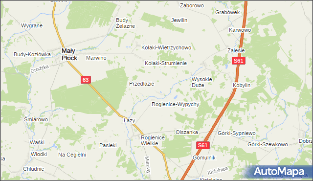 mapa Rogienice Piaseczne, Rogienice Piaseczne na mapie Targeo