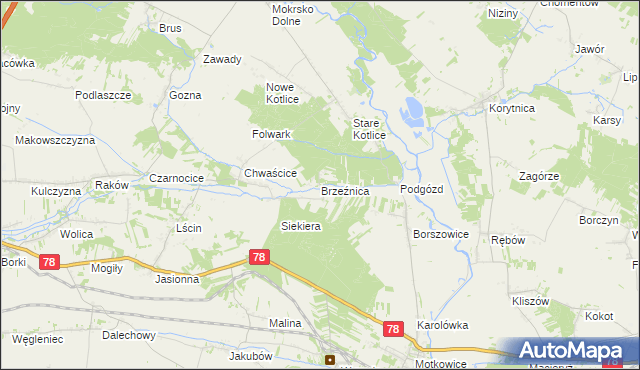mapa Brzeźnica gmina Jędrzejów, Brzeźnica gmina Jędrzejów na mapie Targeo