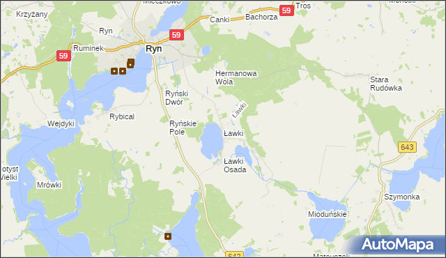 mapa Ławki gmina Ryn, Ławki gmina Ryn na mapie Targeo