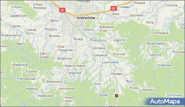 mapa Sułkowice gmina Andrychów, Sułkowice gmina Andrychów na mapie Targeo