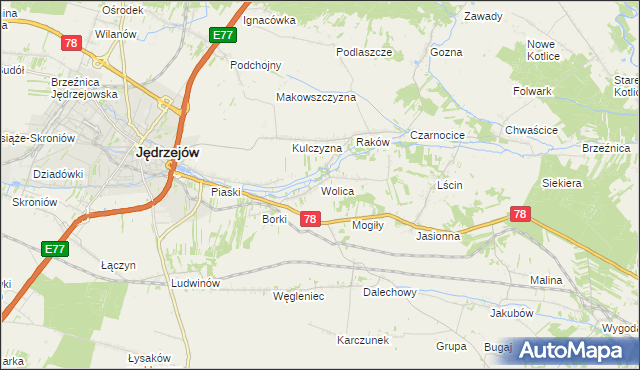 mapa Wolica gmina Jędrzejów, Wolica gmina Jędrzejów na mapie Targeo