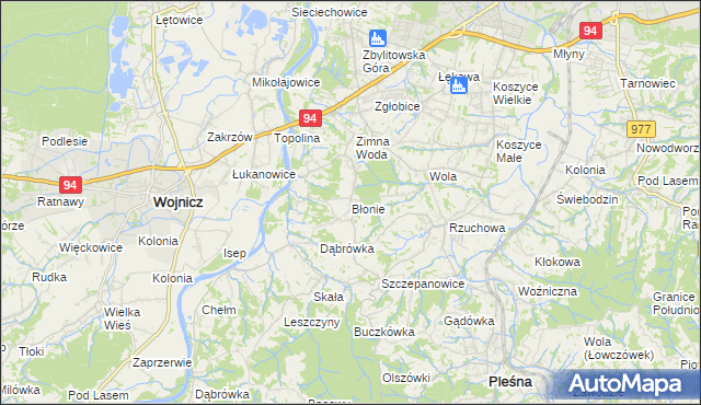 mapa Błonie gmina Tarnów, Błonie gmina Tarnów na mapie Targeo
