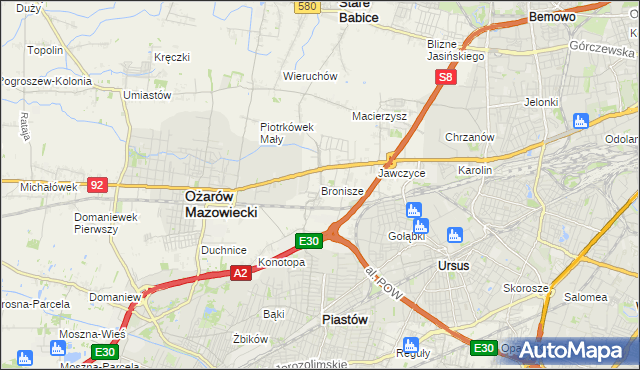 mapa Bronisze gmina Ożarów Mazowiecki, Bronisze gmina Ożarów Mazowiecki na mapie Targeo