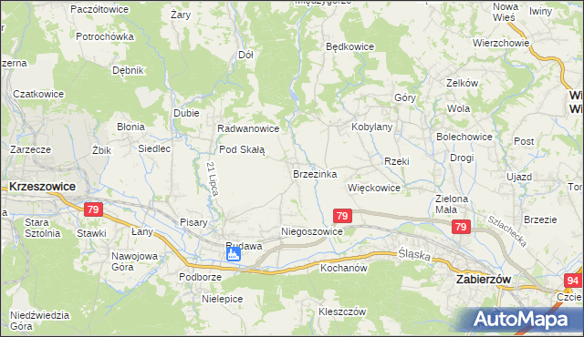 mapa Brzezinka gmina Zabierzów, Brzezinka gmina Zabierzów na mapie Targeo