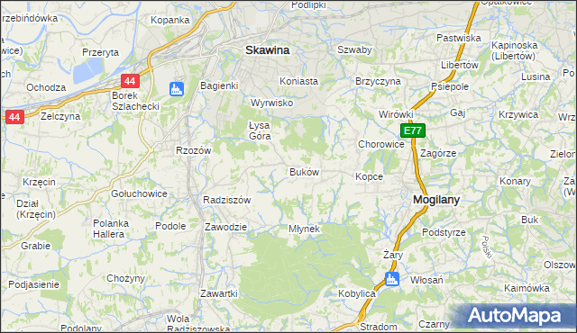 mapa Buków gmina Mogilany, Buków gmina Mogilany na mapie Targeo
