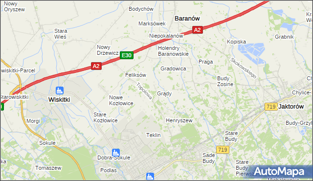 mapa Grądy gmina Jaktorów, Grądy gmina Jaktorów na mapie Targeo
