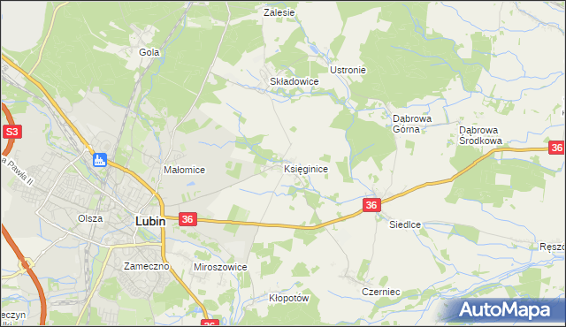 mapa Księginice gmina Lubin, Księginice gmina Lubin na mapie Targeo