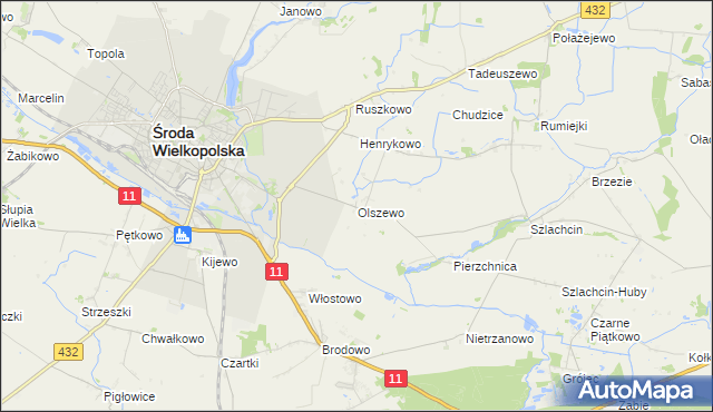 mapa Olszewo gmina Środa Wielkopolska, Olszewo gmina Środa Wielkopolska na mapie Targeo
