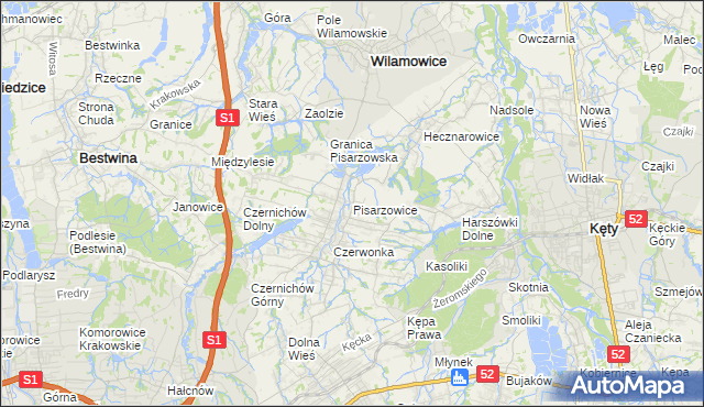 mapa Pisarzowice gmina Wilamowice, Pisarzowice gmina Wilamowice na mapie Targeo