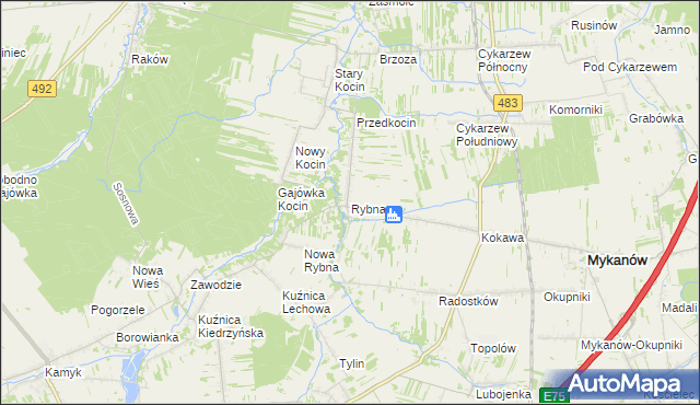 mapa Rybna gmina Mykanów, Rybna gmina Mykanów na mapie Targeo