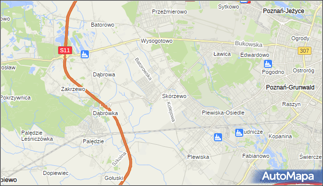 mapa Skórzewo gmina Dopiewo, Skórzewo gmina Dopiewo na mapie Targeo