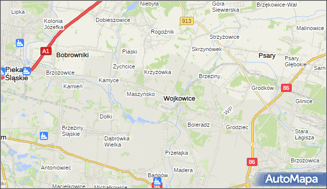 mapa Wojkowice powiat będziński, Wojkowice powiat będziński na mapie Targeo