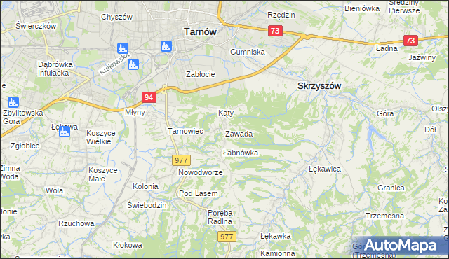 mapa Zawada gmina Tarnów, Zawada gmina Tarnów na mapie Targeo