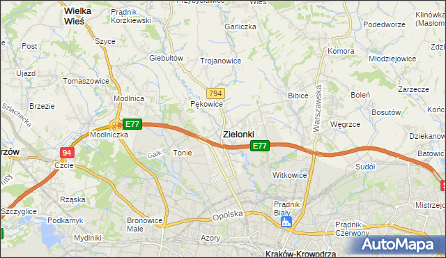 mapa Zielonki powiat krakowski, Zielonki powiat krakowski na mapie Targeo