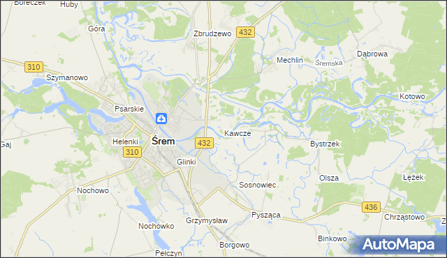 mapa Kawcze gmina Śrem, Kawcze gmina Śrem na mapie Targeo