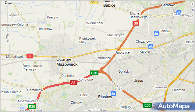 mapa Bronisze gmina Ożarów Mazowiecki, Bronisze gmina Ożarów Mazowiecki na mapie Targeo
