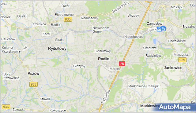 mapa Radlin powiat wodzisławski, Radlin powiat wodzisławski na mapie Targeo