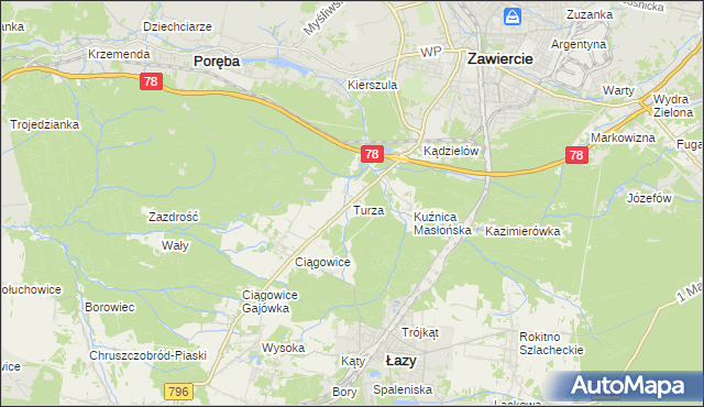 mapa Turza gmina Łazy, Turza gmina Łazy na mapie Targeo