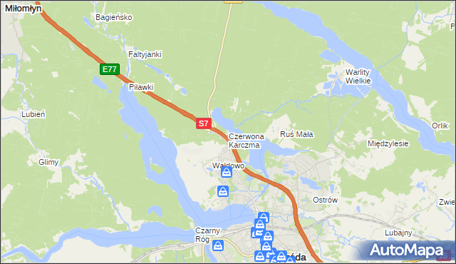 mapa Czerwona Karczma gmina Ostróda, Czerwona Karczma gmina Ostróda na mapie Targeo
