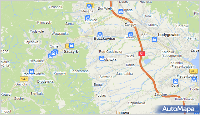 mapa Godziszka gmina Buczkowice, Godziszka gmina Buczkowice na mapie Targeo