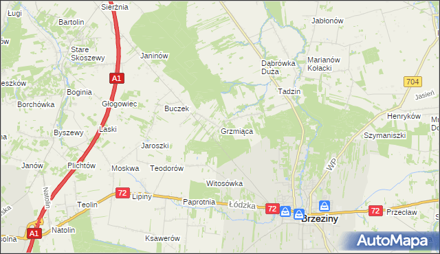 mapa Grzmiąca gmina Brzeziny, Grzmiąca gmina Brzeziny na mapie Targeo