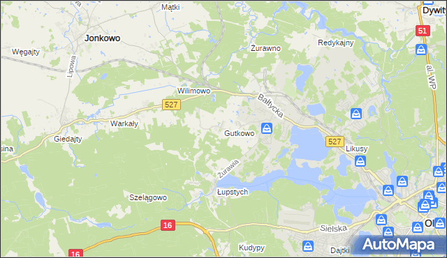 mapa Gutkowo gmina Jonkowo, Gutkowo gmina Jonkowo na mapie Targeo