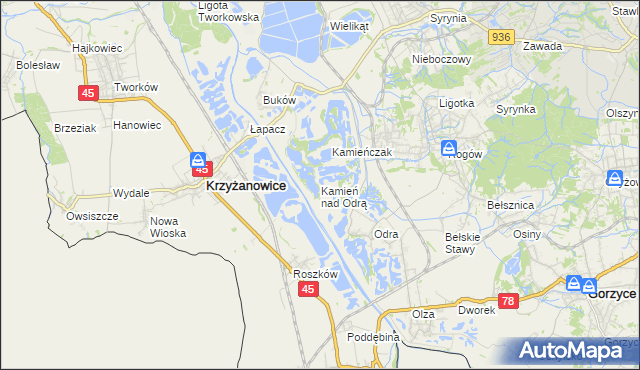 mapa Kamień nad Odrą, Kamień nad Odrą na mapie Targeo