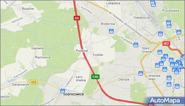 mapa Kozłów gmina Sośnicowice, Kozłów gmina Sośnicowice na mapie Targeo