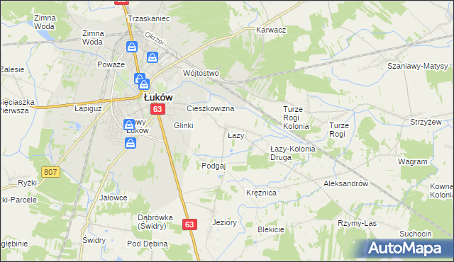 mapa Łazy gmina Łuków, Łazy gmina Łuków na mapie Targeo