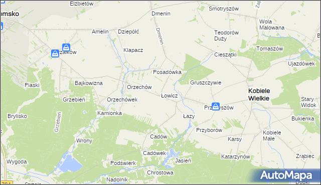 mapa Łowicz gmina Kobiele Wielkie, Łowicz gmina Kobiele Wielkie na mapie Targeo