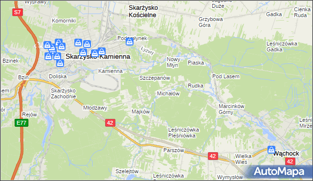 mapa Michałów gmina Skarżysko Kościelne, Michałów gmina Skarżysko Kościelne na mapie Targeo