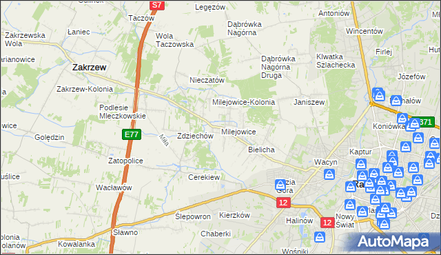 mapa Milejowice gmina Zakrzew, Milejowice gmina Zakrzew na mapie Targeo