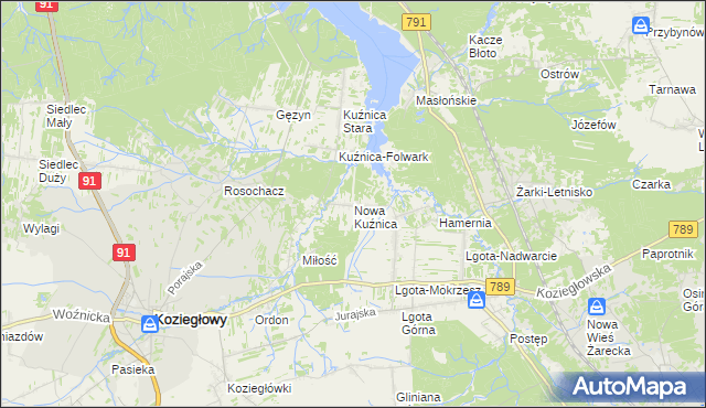 mapa Nowa Kuźnica gmina Koziegłowy, Nowa Kuźnica gmina Koziegłowy na mapie Targeo