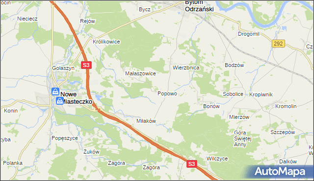 mapa Popowo gmina Bytom Odrzański, Popowo gmina Bytom Odrzański na mapie Targeo
