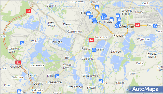 mapa Rajsko gmina Oświęcim, Rajsko gmina Oświęcim na mapie Targeo