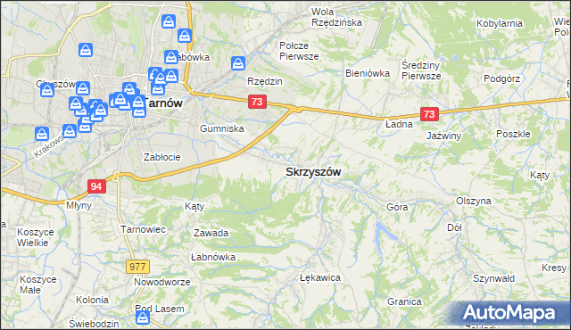 mapa Skrzyszów powiat tarnowski, Skrzyszów powiat tarnowski na mapie Targeo