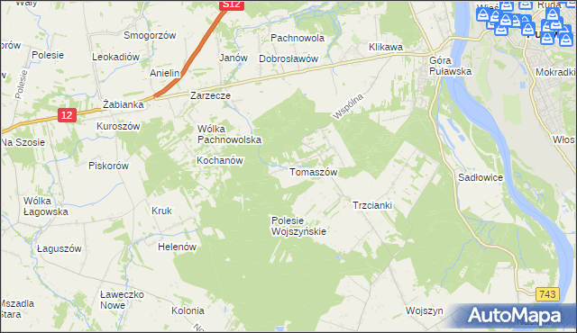 mapa Tomaszów gmina Puławy, Tomaszów gmina Puławy na mapie Targeo