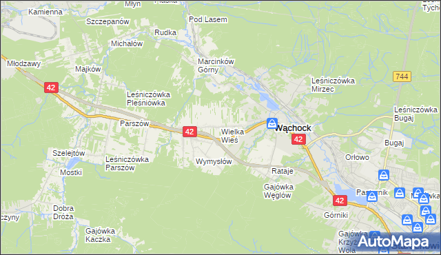 mapa Wielka Wieś gmina Wąchock, Wielka Wieś gmina Wąchock na mapie Targeo