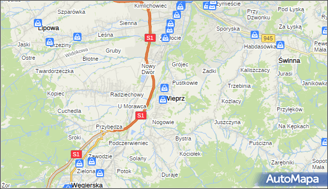 mapa Wieprz gmina Radziechowy-Wieprz, Wieprz gmina Radziechowy-Wieprz na mapie Targeo