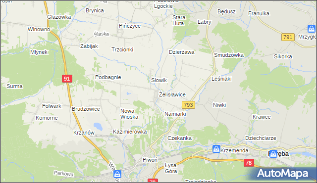 mapa Żelisławice gmina Siewierz, Żelisławice gmina Siewierz na mapie Targeo