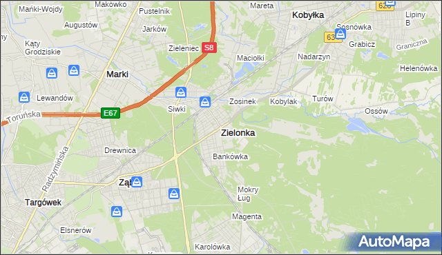 mapa Zielonka powiat wołomiński, Zielonka powiat wołomiński na mapie Targeo